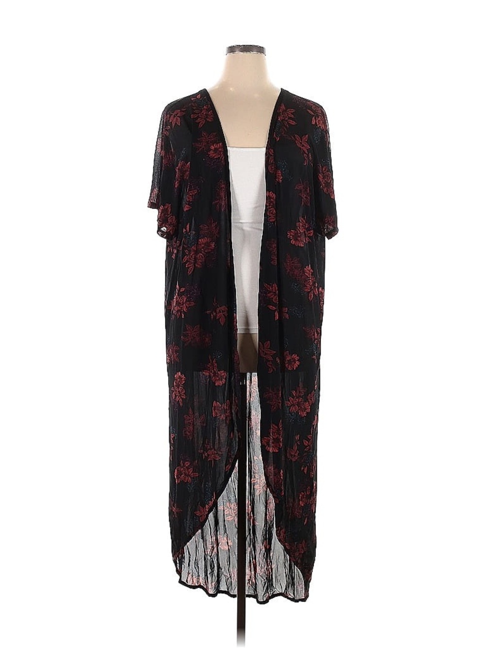 Torrid Black Sheer Floral Duster with Red Print